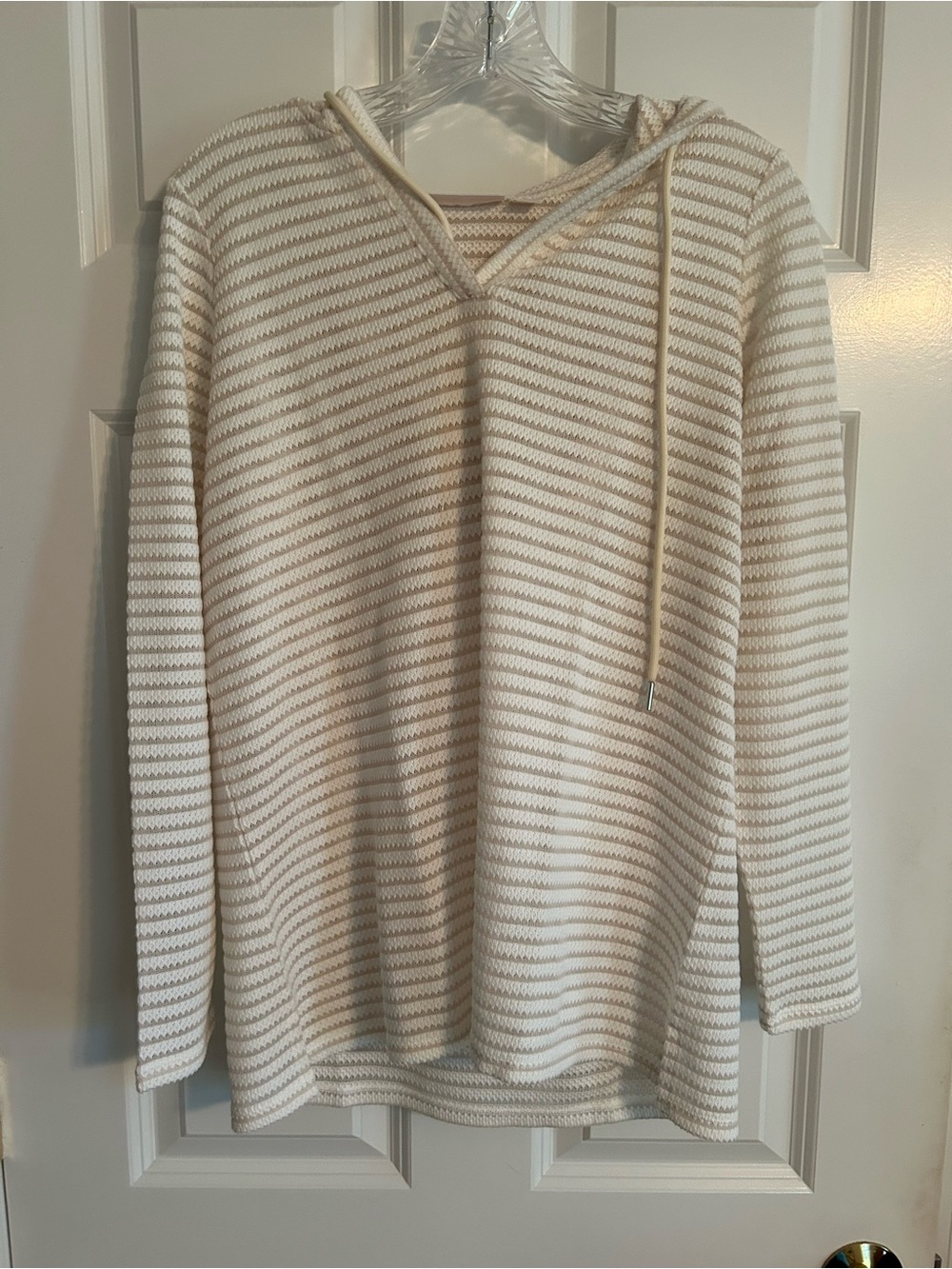 Belle by Kim Gravel Cream and Beige Striped V-Neck Hooded Top